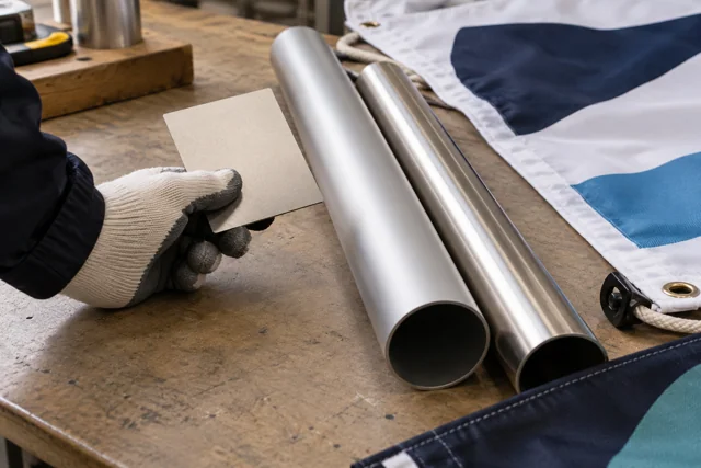 Satin aluminium and brushed stainless steel flagpole shaft samples