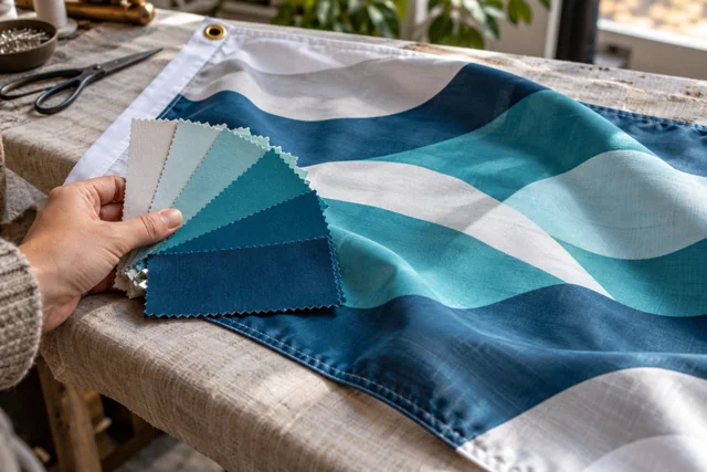 Textile colour swatches compared against a cyan printed flag