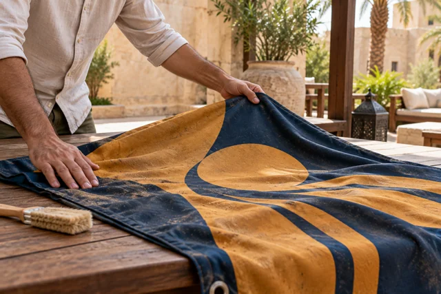 Hands spreading an ochre and blue outdoor flag on a clean courtyard table