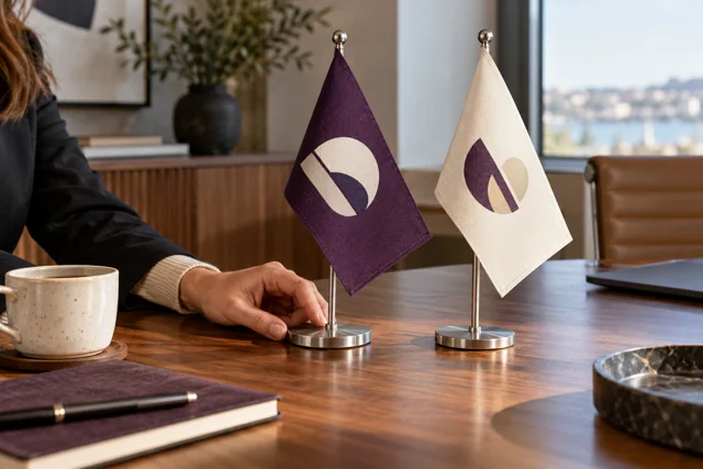 Aubergine and cream corporate desk flags on silver stands