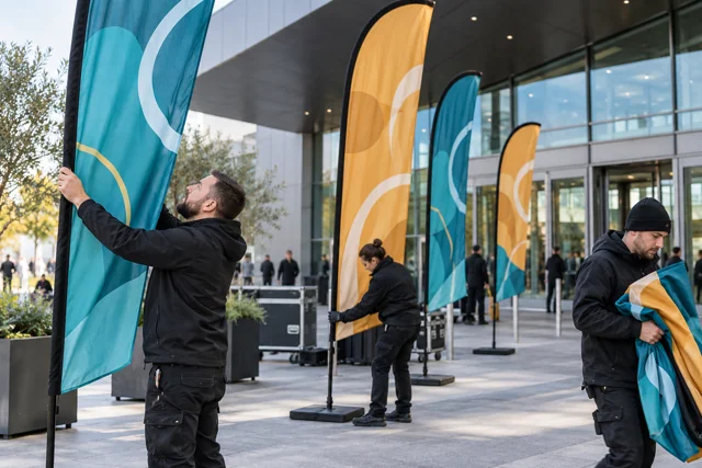 Crew preparing teal and ochre feather flags outside a convention entrance