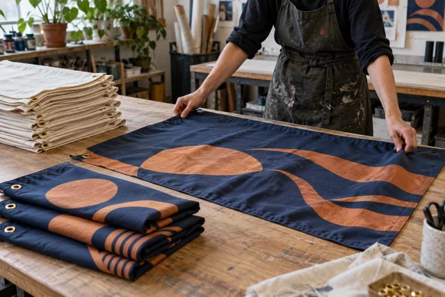 Hands laying out an indigo and copper flag sample beside a small fabric stack
