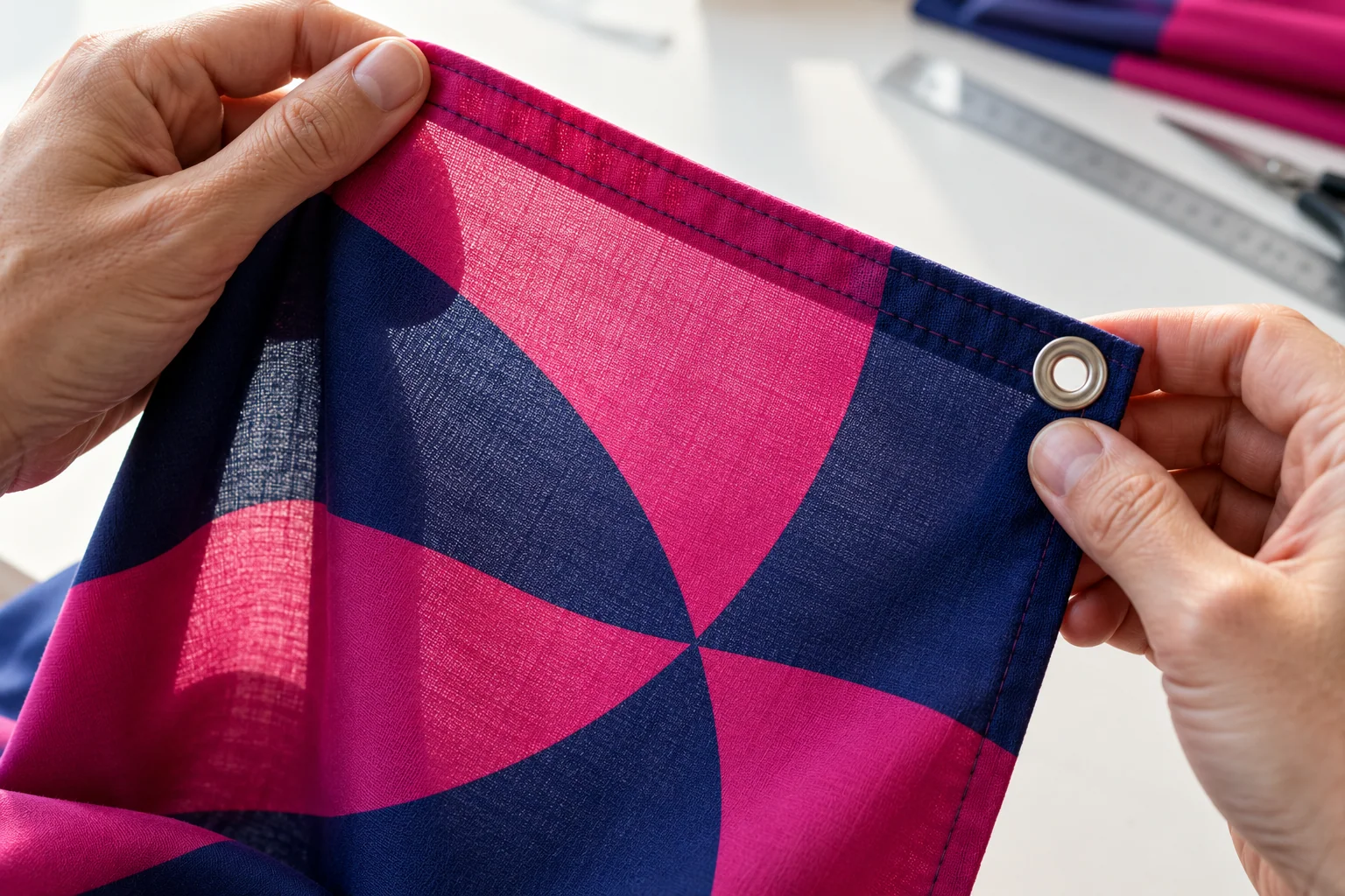 Hands checking a magenta and blue flag hem and attachment eyelet