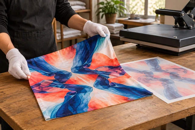 Operator checking a printed polyester sample beside transfer paper and a heat press