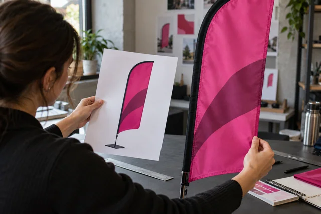 Designer checking bold magenta feather flag artwork against fabric