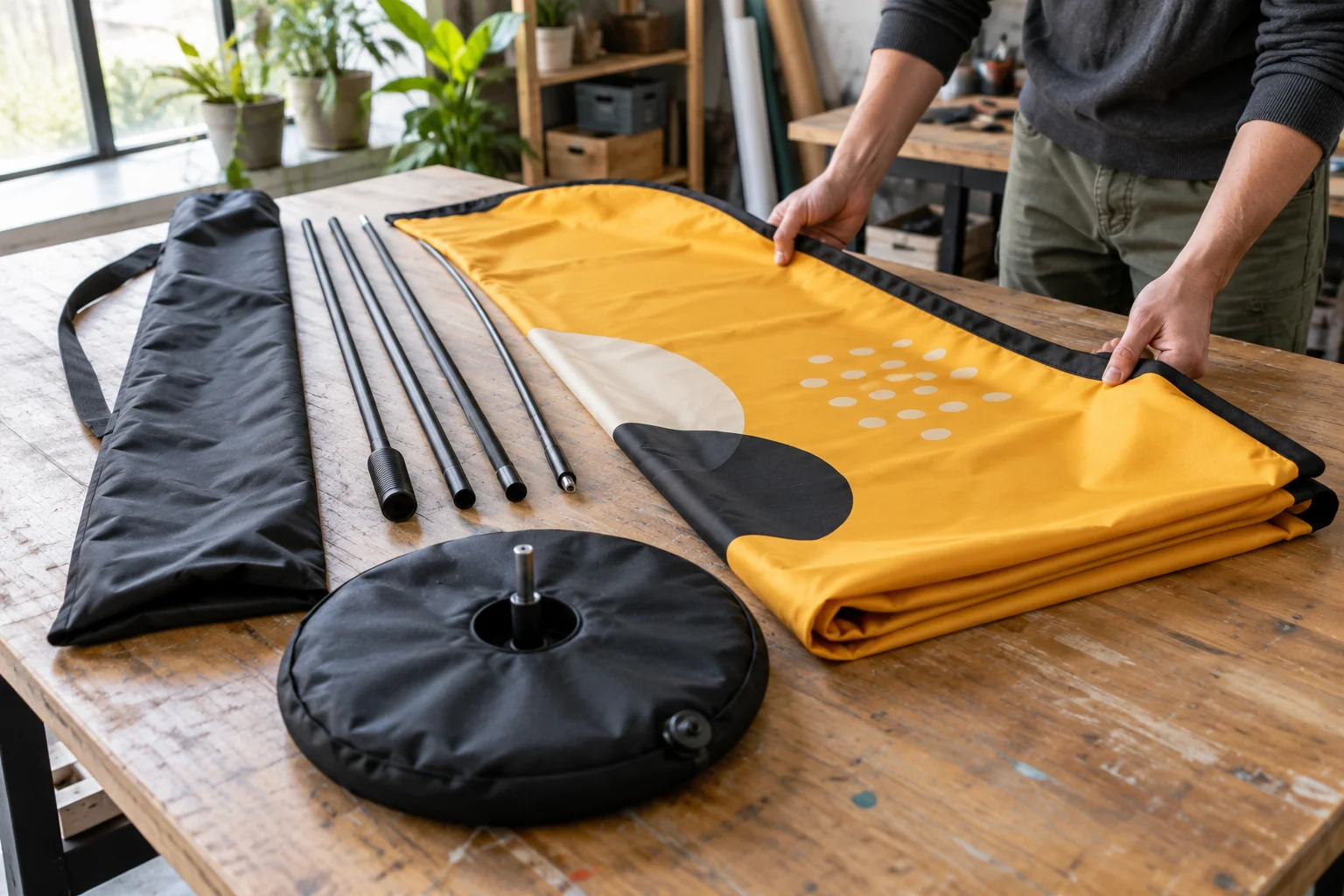Mustard feather flag fabric with pole sections base and carry bag