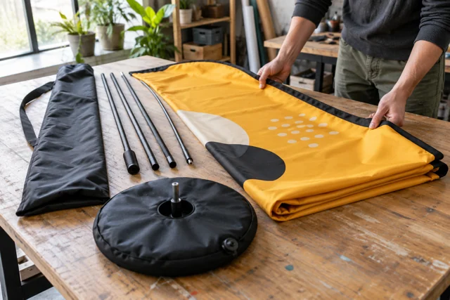 Mustard feather flag fabric with pole sections base and carry bag