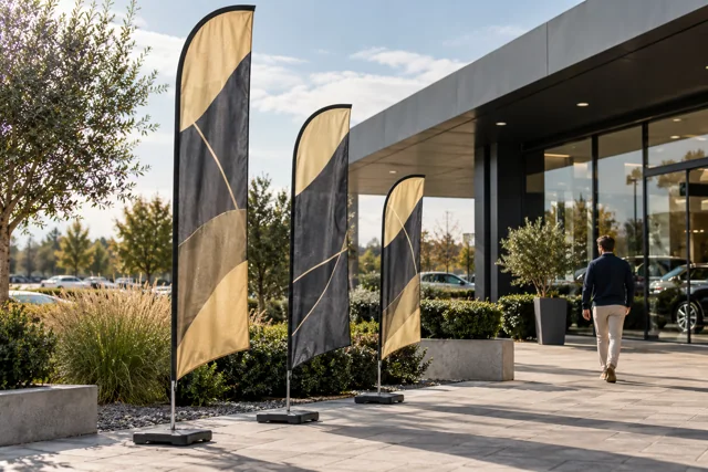 Different feather flag heights displayed beside a showroom walkway