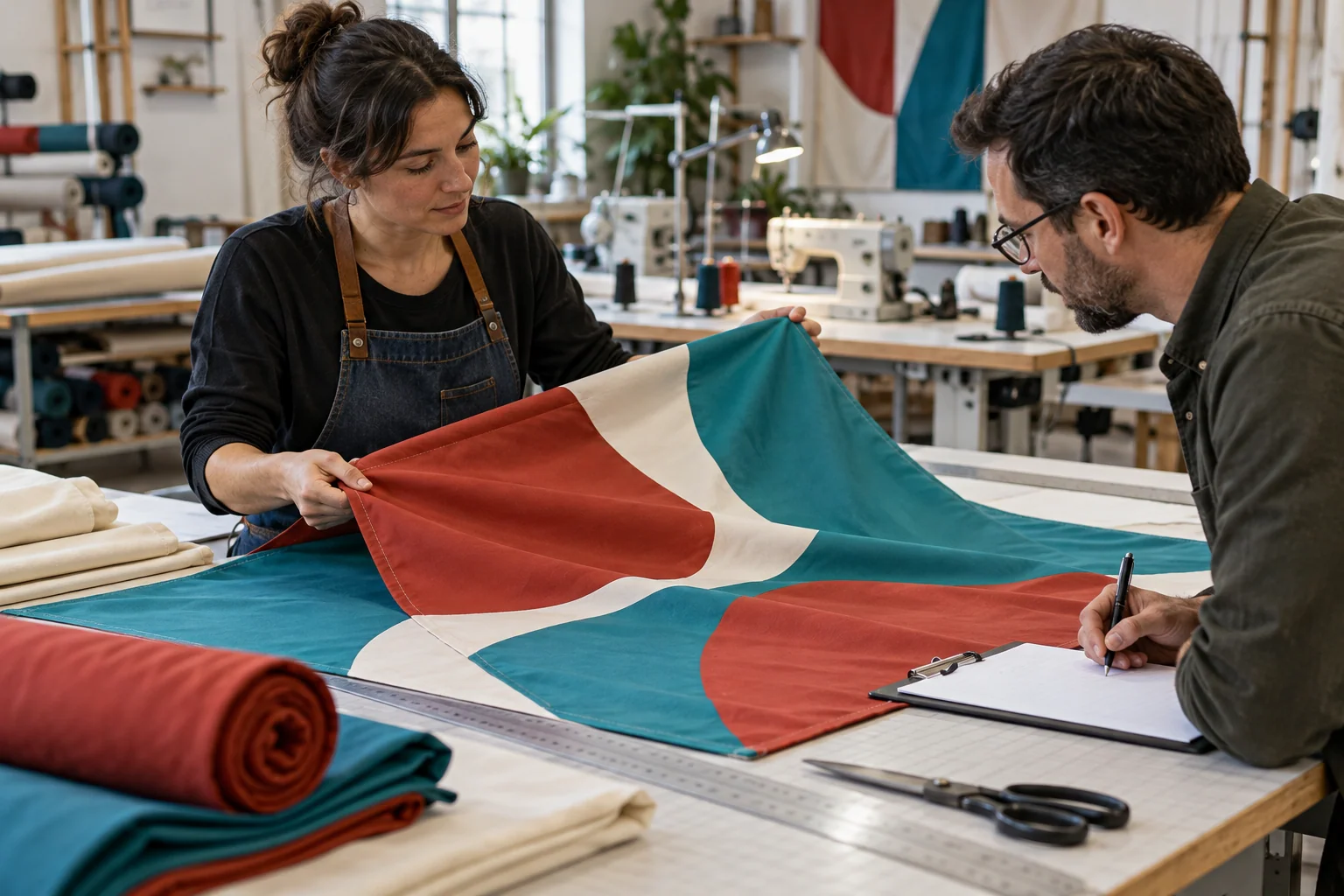Workshop staff and buyer reviewing turquoise and red fabric with an order sheet