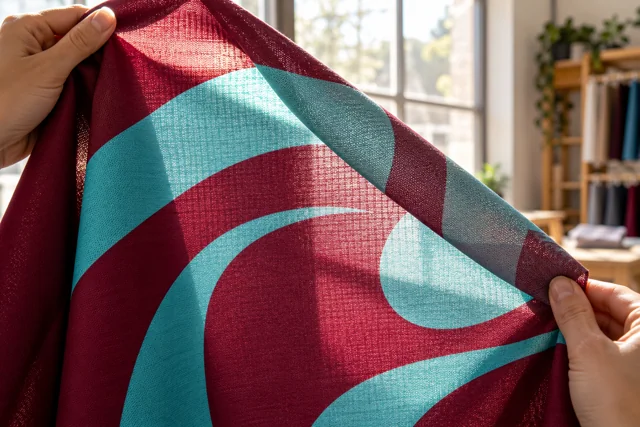 Printed flag cloth held to the light to reveal its knit and reverse colour