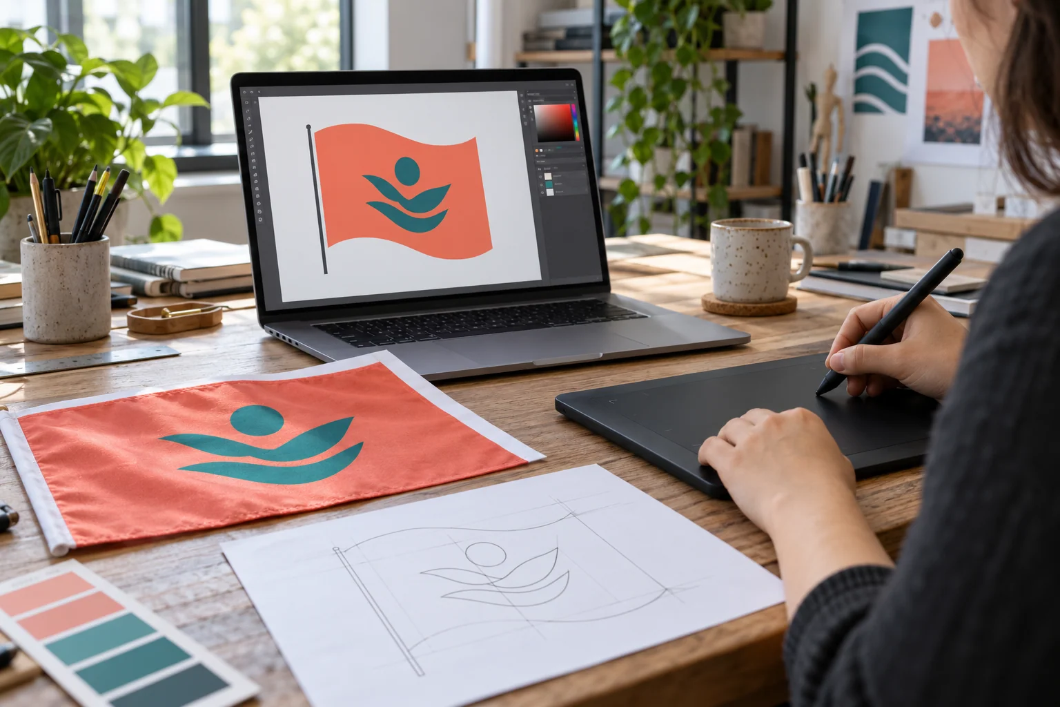 Designer preparing a geometric flag layout beside a printed textile sample