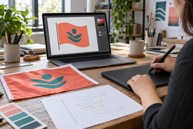 Designer preparing a geometric flag layout beside a printed textile sample