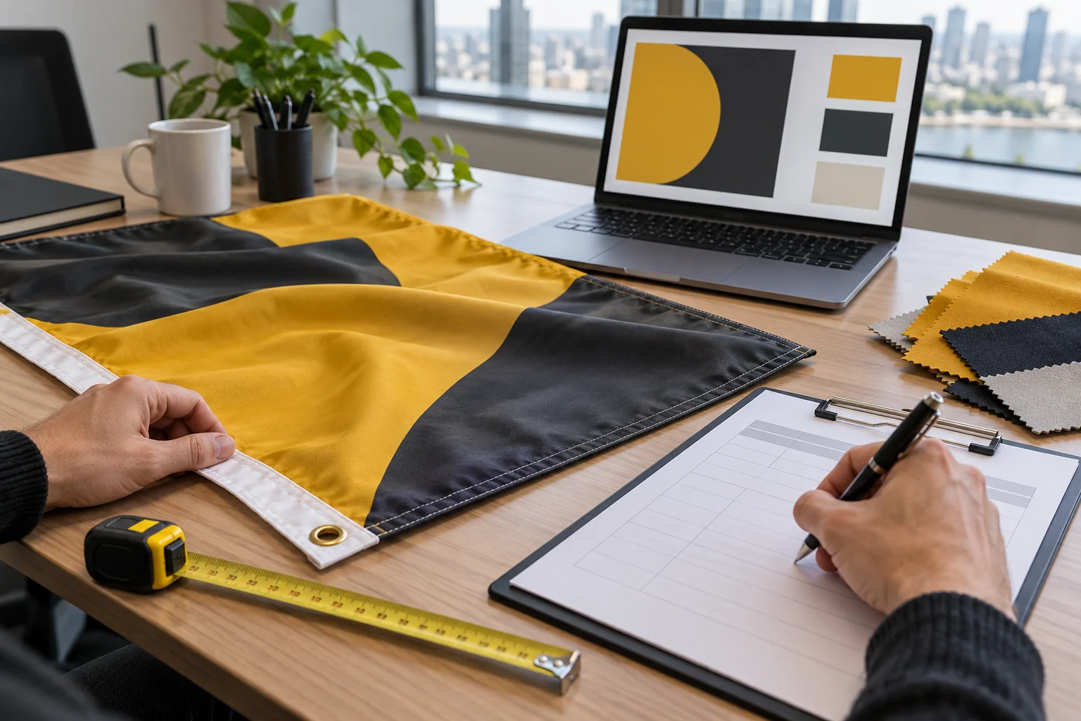 Purchaser measuring a mustard and charcoal flag beside a blank RFQ sheet