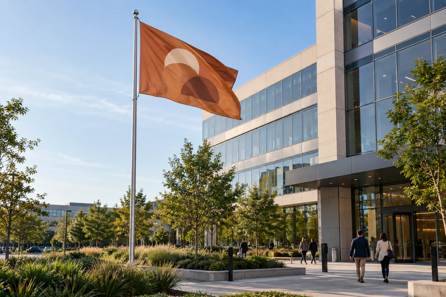 Burnt-sienna company flag on a tall pole outside an office building