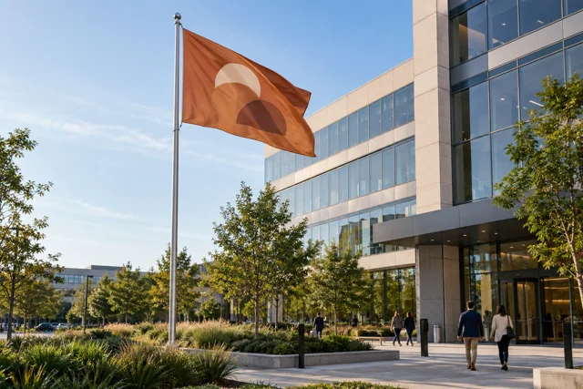 Burnt-sienna company flag on a tall pole outside an office building