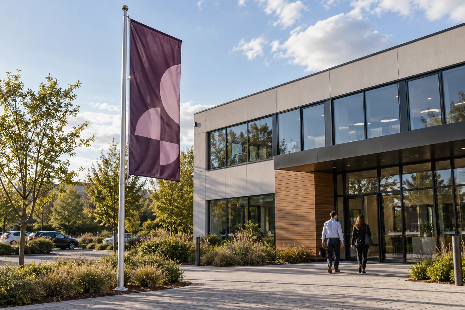 Plum corporate flag on a silver pole outside a two-storey office
