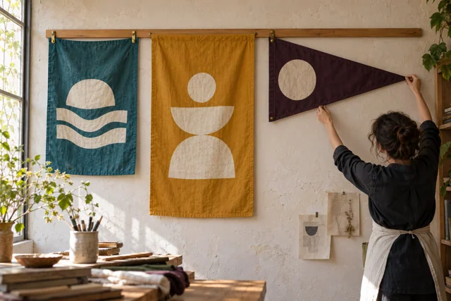 Rectangular flag, vertical banner and triangular pennant on a studio rail