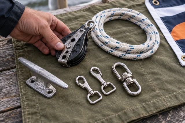 Halyard rope pulley cleat and clips on a canvas workbench