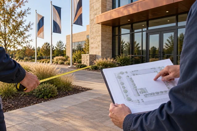 Site survey at a paved commercial entrance with a tape measure and blank plan