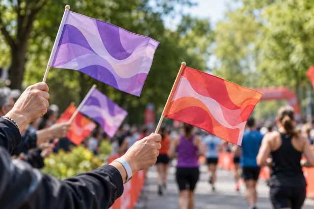 Adult hands holding lilac and warm red fabric hand flags at an outdoor event