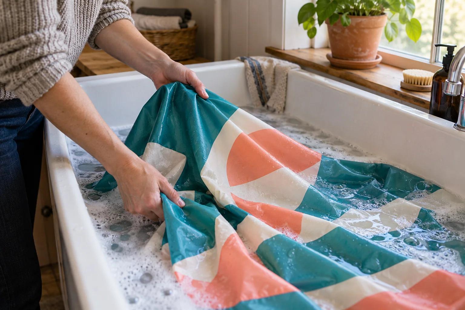 Hands rinsing a turquoise and coral printed fabric flag in a white basin