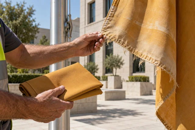 Hands inspecting a faded ochre flag edge in a sunlit courtyard