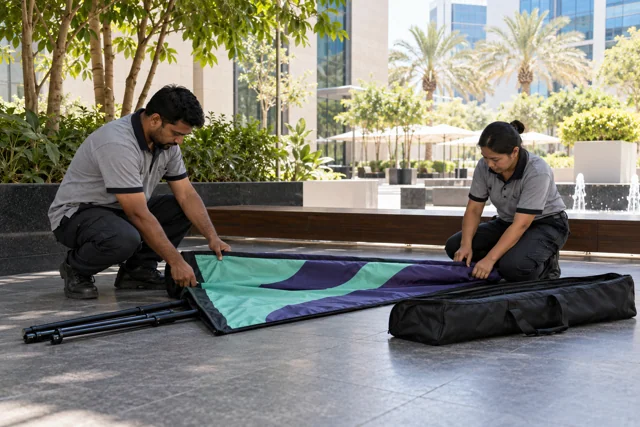 Maintenance staff packing a mint and violet portable flag in a shaded courtyard