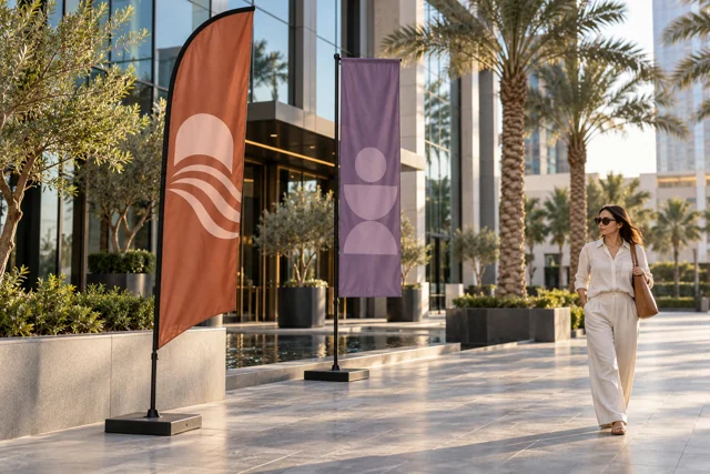 Sienna feather flag and violet pole flag in a modern commercial courtyard
