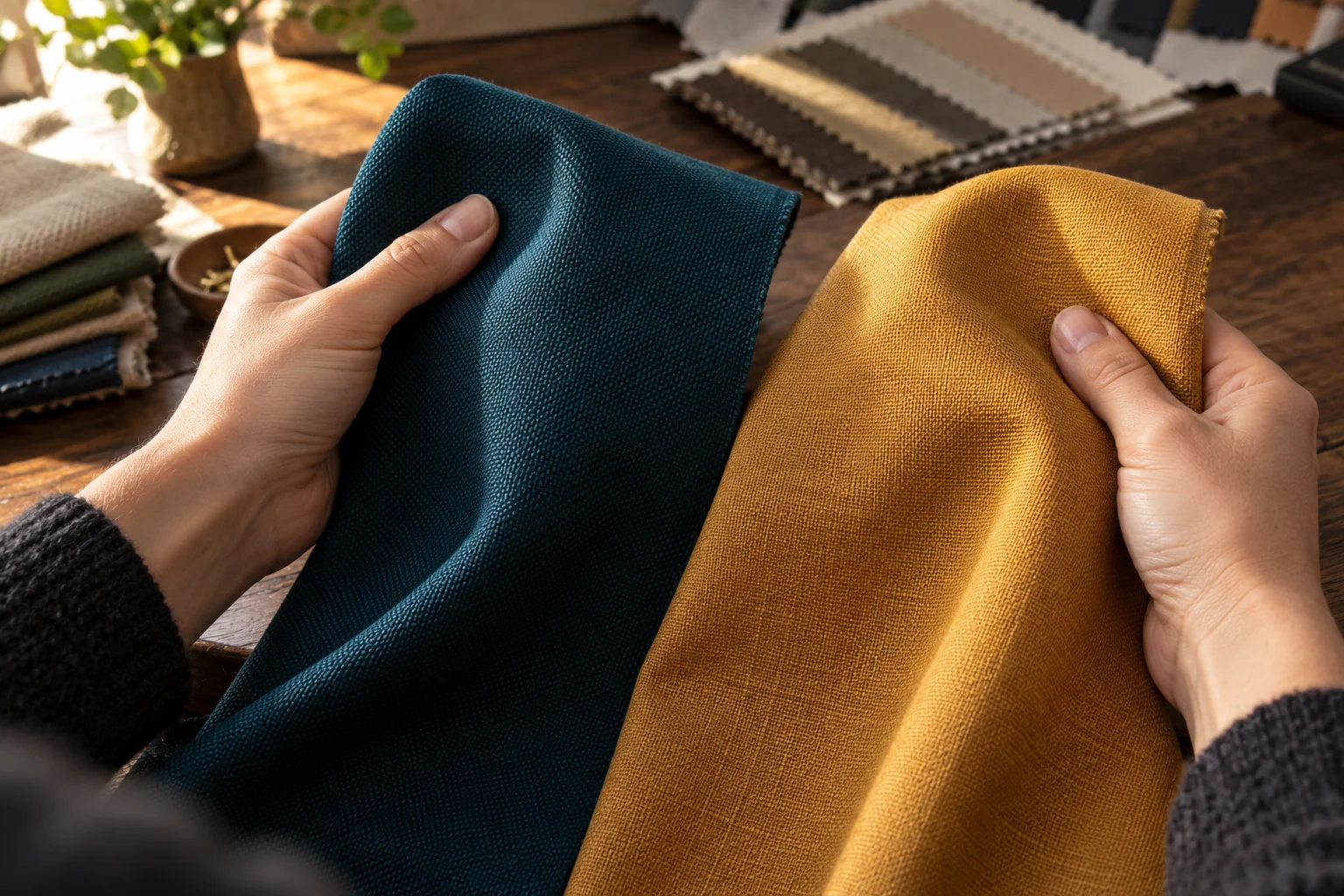 Hands comparing teal and ochre woven textile swatches