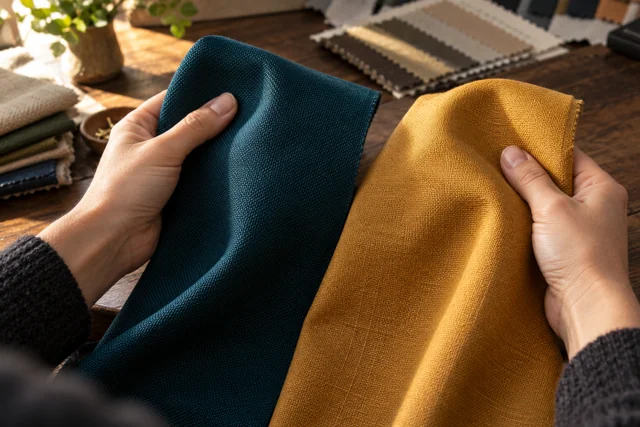 Hands comparing teal and ochre woven textile swatches