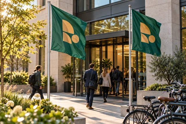 Emerald company flags welcoming visitors at a contemporary office entrance