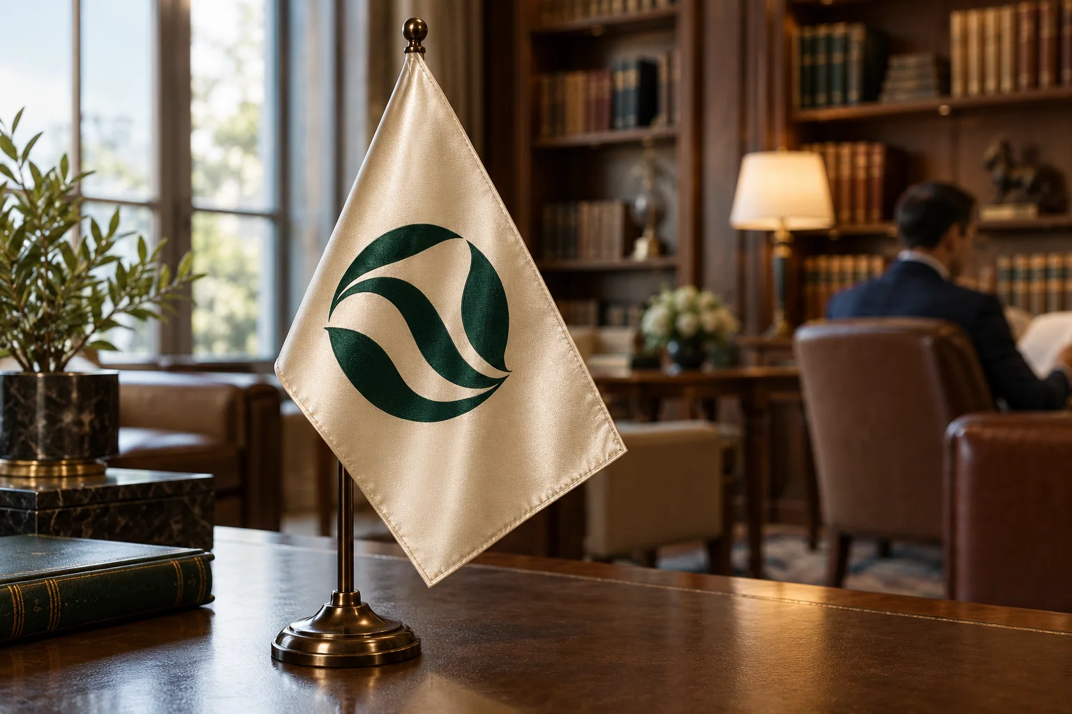 Champagne satin company pennant in a warm timber reception