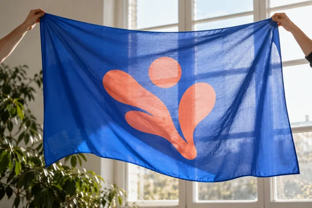 Sunlight passing through a single blue flag held at a studio window