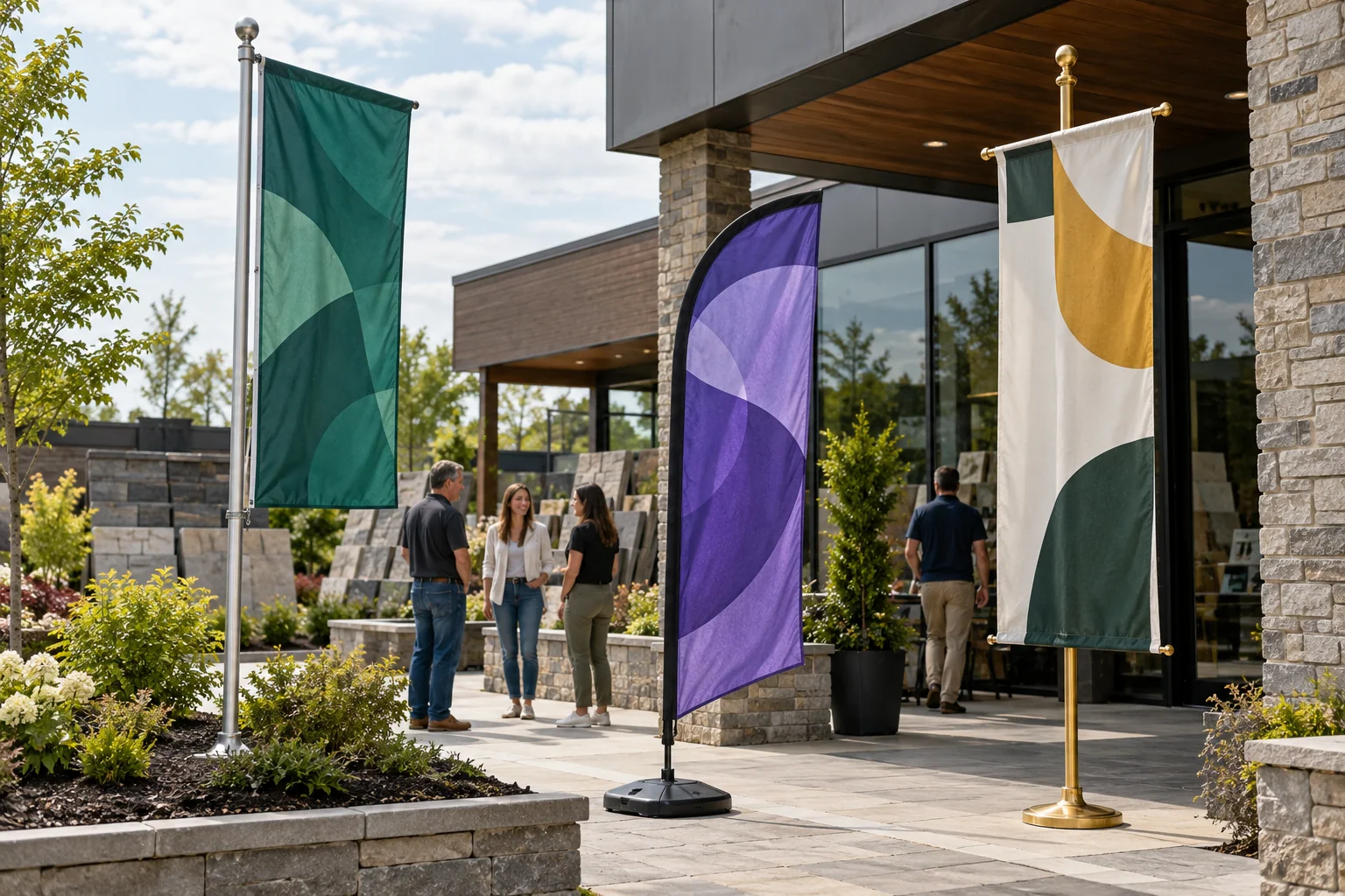 Commercial portable and indoor flagpole systems shown together