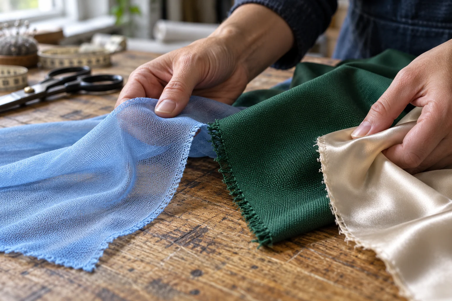 Hands comparing blue knit, green woven and champagne satin flag fabric