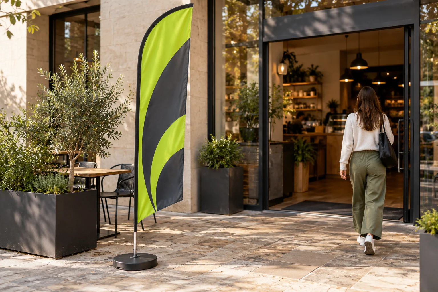 Lime feather advertising flag outside a contemporary cafe
