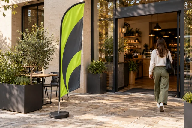Lime feather advertising flag outside a contemporary cafe