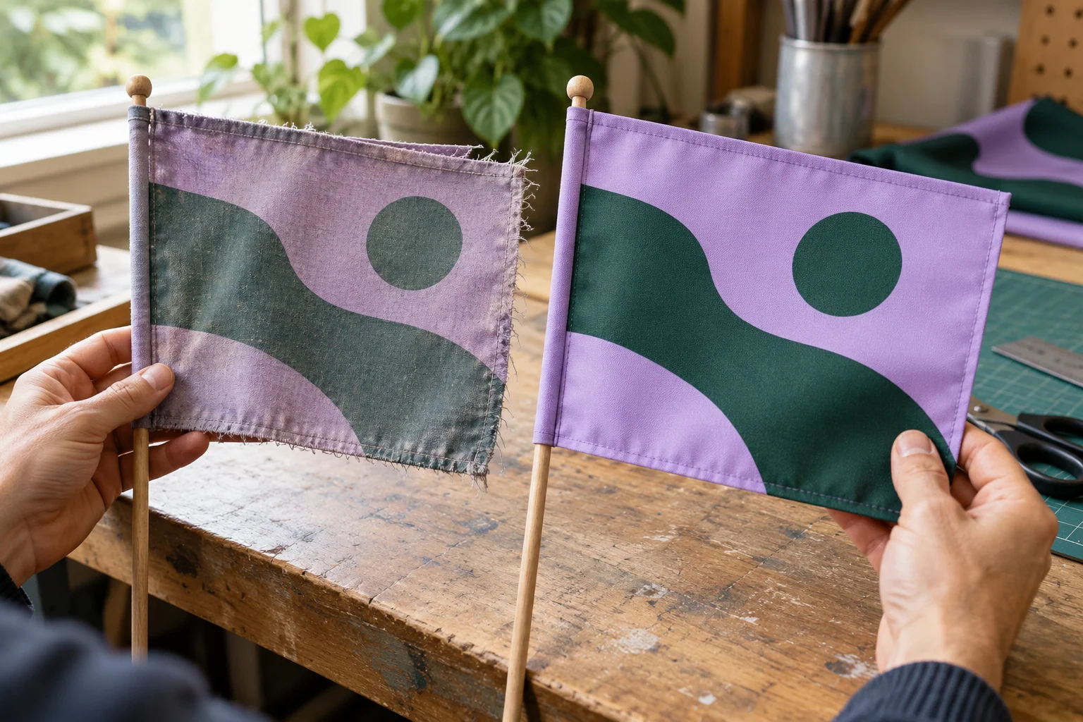 Hands comparing a faded and fresh lavender and green fabric flag