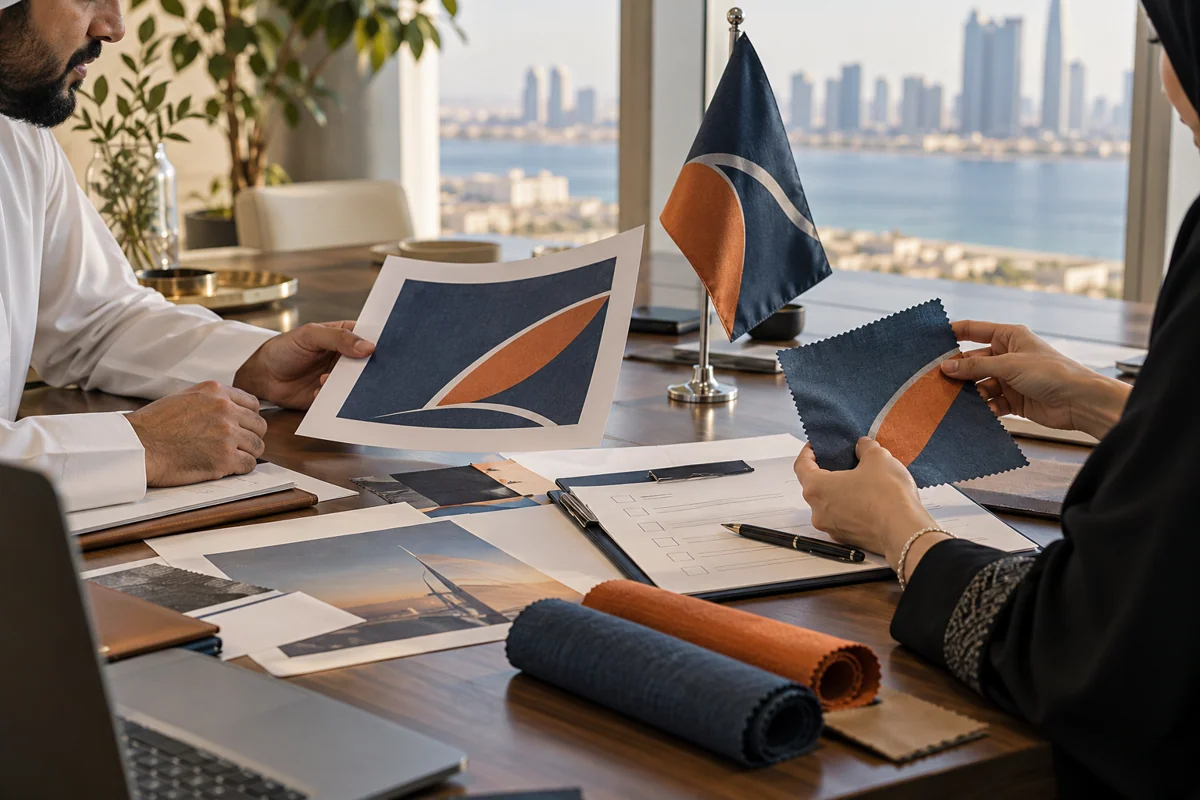 Blue and orange corporate graphic, desk flag and fabric roll on a meeting table