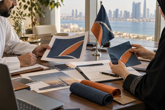 Blue and orange corporate graphic, desk flag and fabric roll on a meeting table