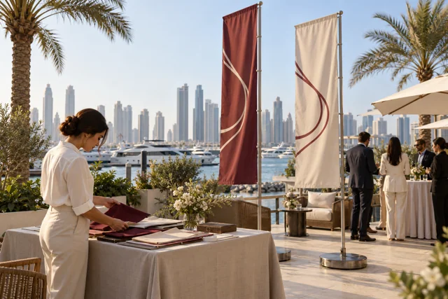 Burgundy and cream company flags beside a reception table on a coastal patio