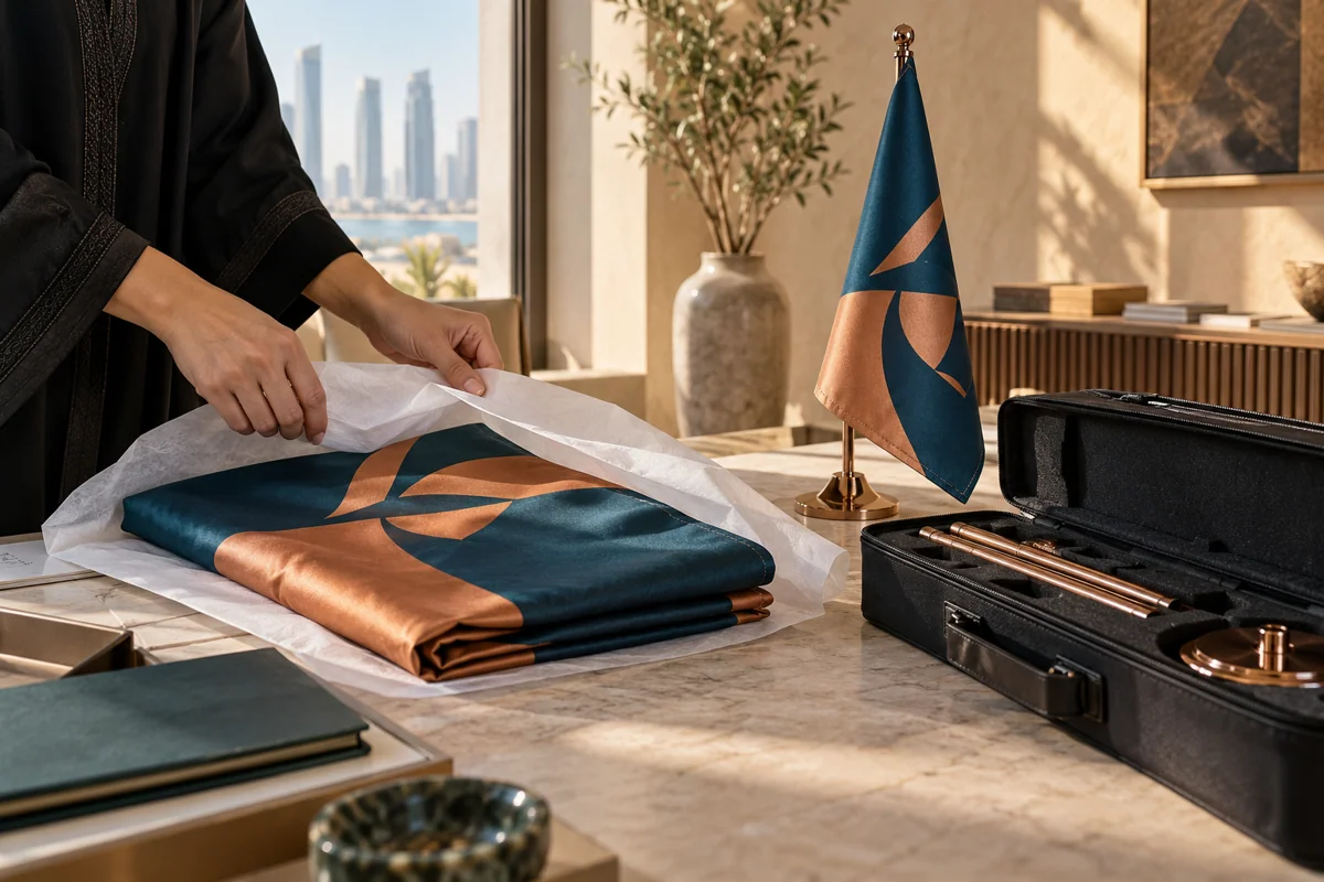 Copper and blue folded company flag beside a desk stand and protective case