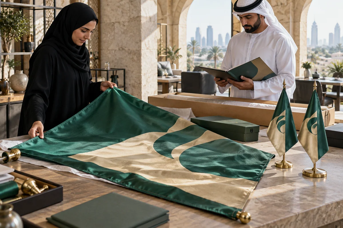 Hands reviewing emerald corporate flag fabric with a matching desk display