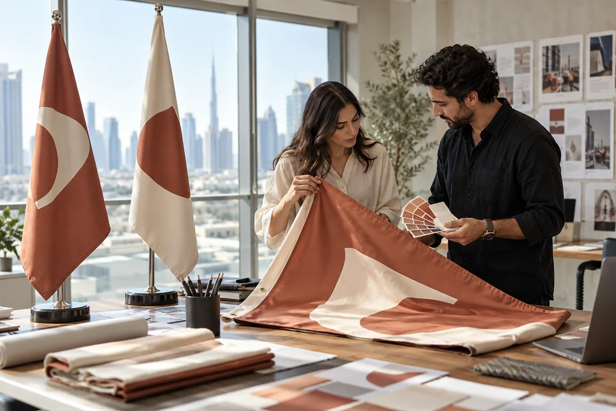 Hands checking terracotta company flag fabric beside a colour reference and desk flag